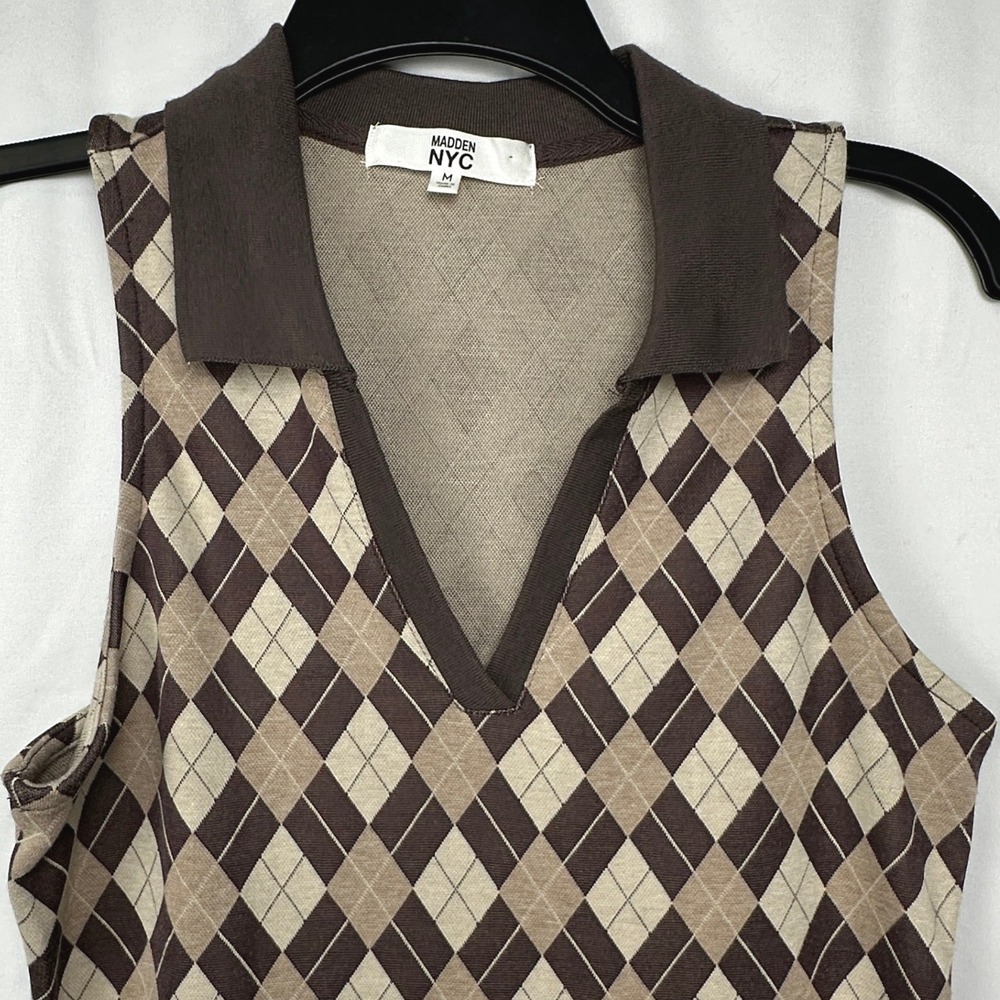 Preppy Y2K Brown Argyle Dress Sleeveless Polo‎ Madden NYC Geek Chic Sleeveless